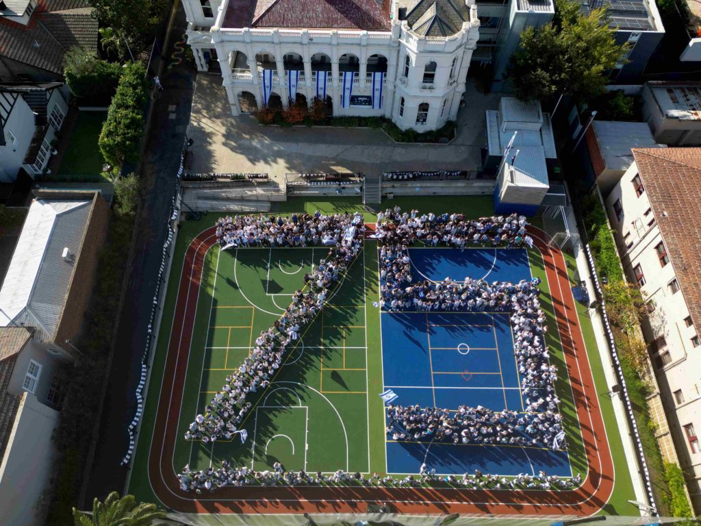 King David School students and staff are seen from the air in formation of a 75 to celebrate Yom HaAtzmaut and Israel's 75th birthday