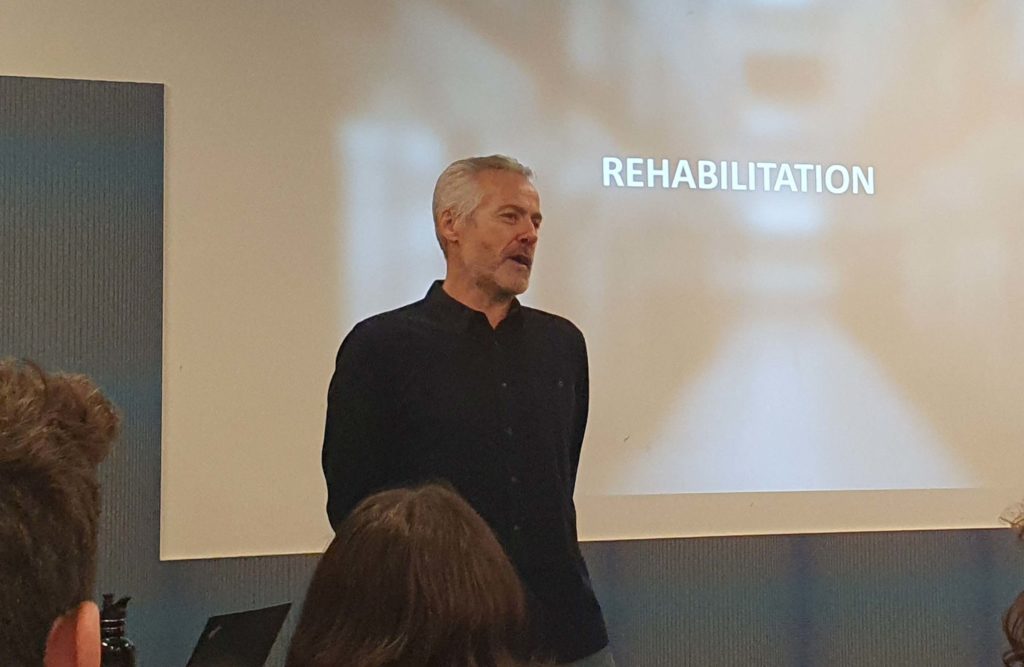 Speaker Arthur Bolkas talks to the Crime and Punishment class about prison and rehabilitation