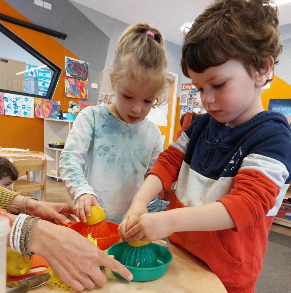 Two ELC students are squeezing yellow lemons using a green squeezer. They are concentrating. They are making limonana