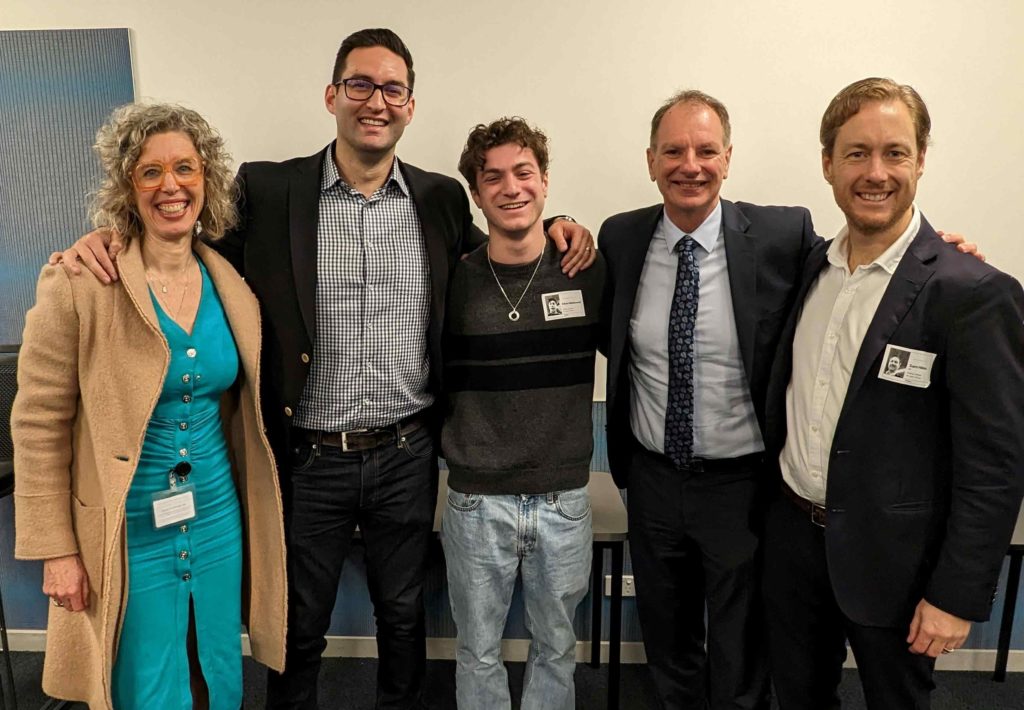 Four politicians one former student look at the camera smiling, they have participated in a Q and A with Year 9 Nitzan students at The King David School.