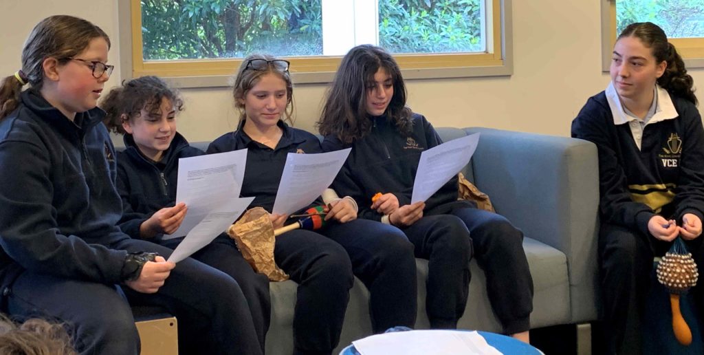 Five young people sit down, four of them are holding paper with their Drash on them. They are giving a dvar Torah on Korach.