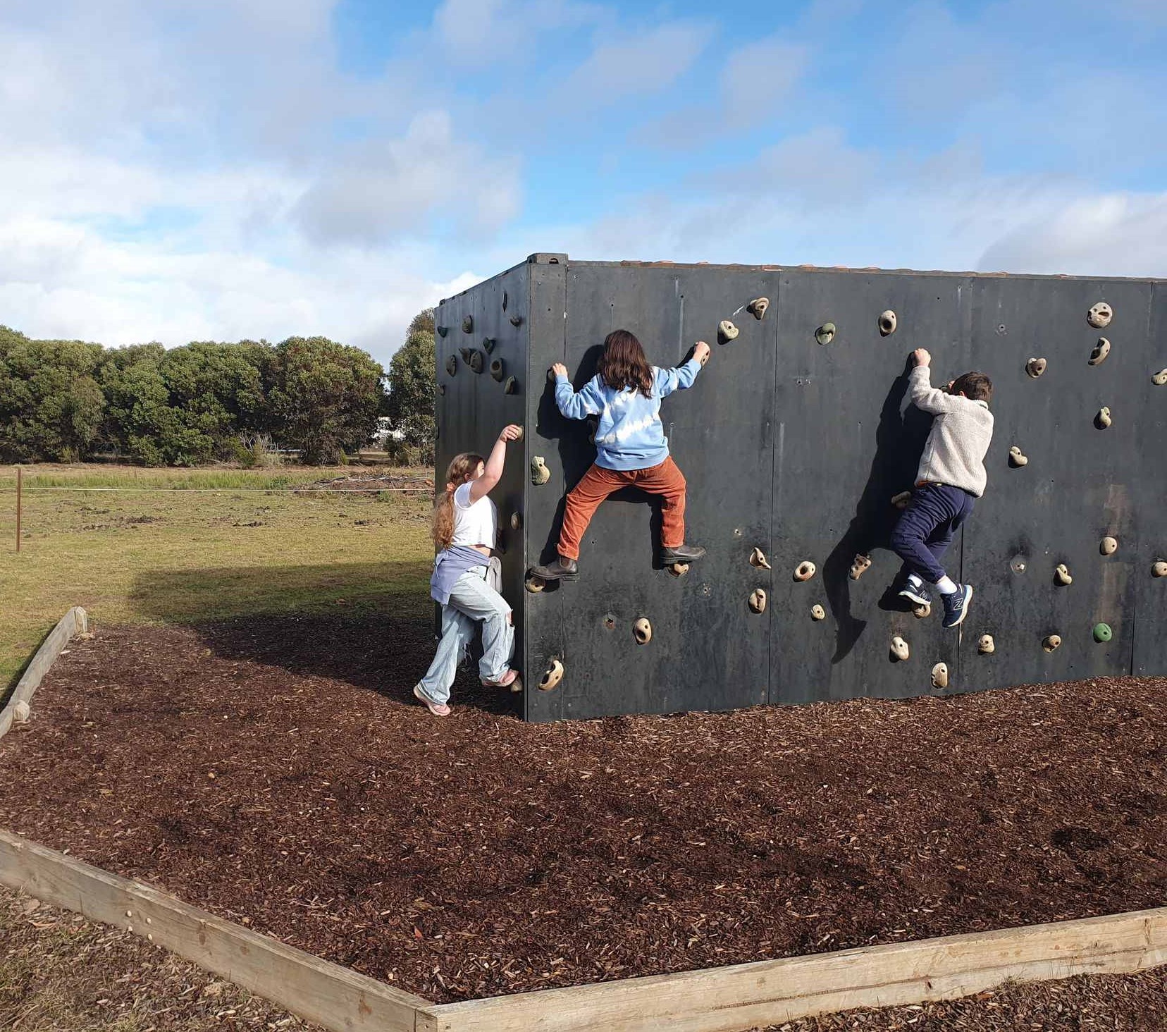 Three Year 5 students are climbing the rock climbing wall on camp