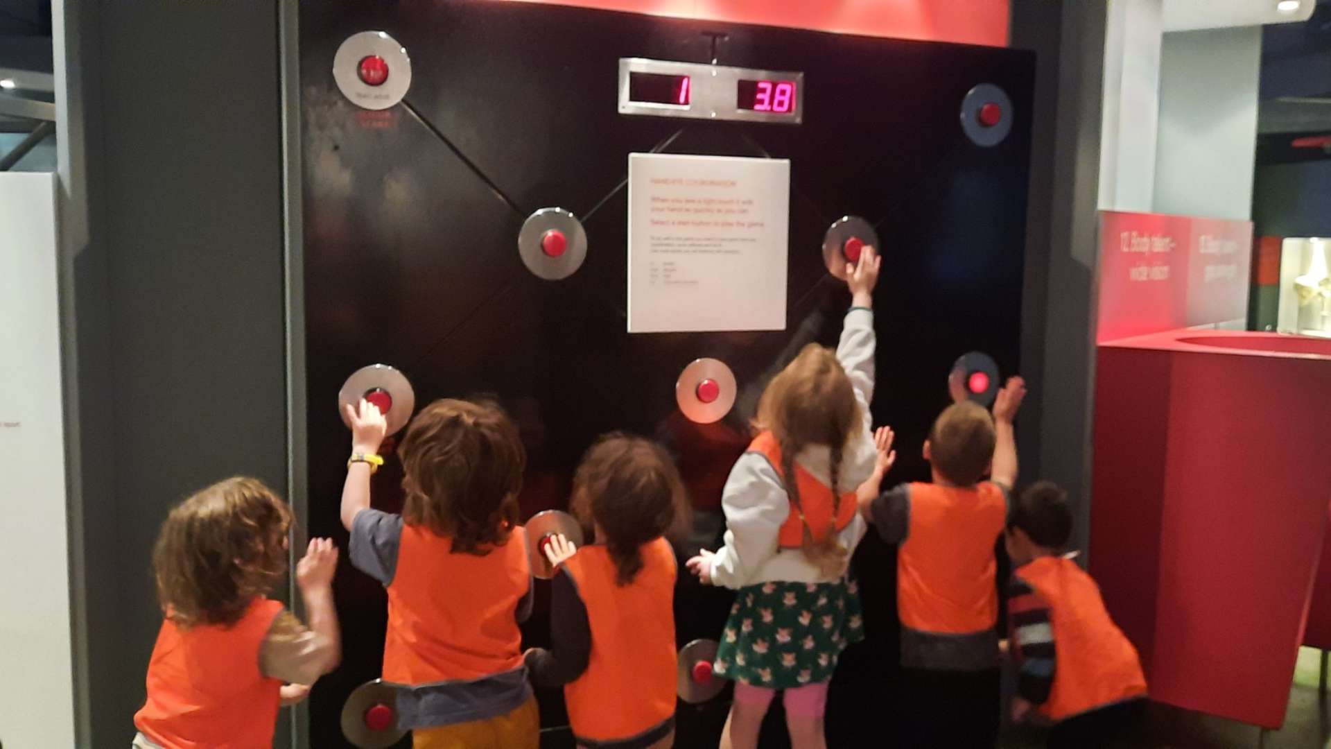 ELC students have their back to the camera. They are reaching up and touching an interactive Science exhibit with levers.