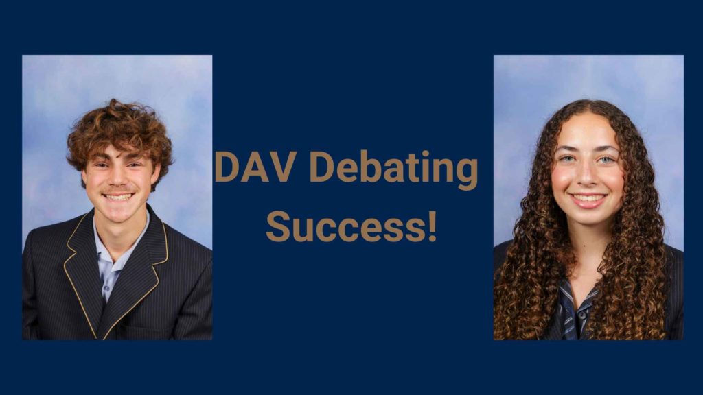 Two students look at the camera smiling. The text reads DAV Debating success in gold on navy blue background.