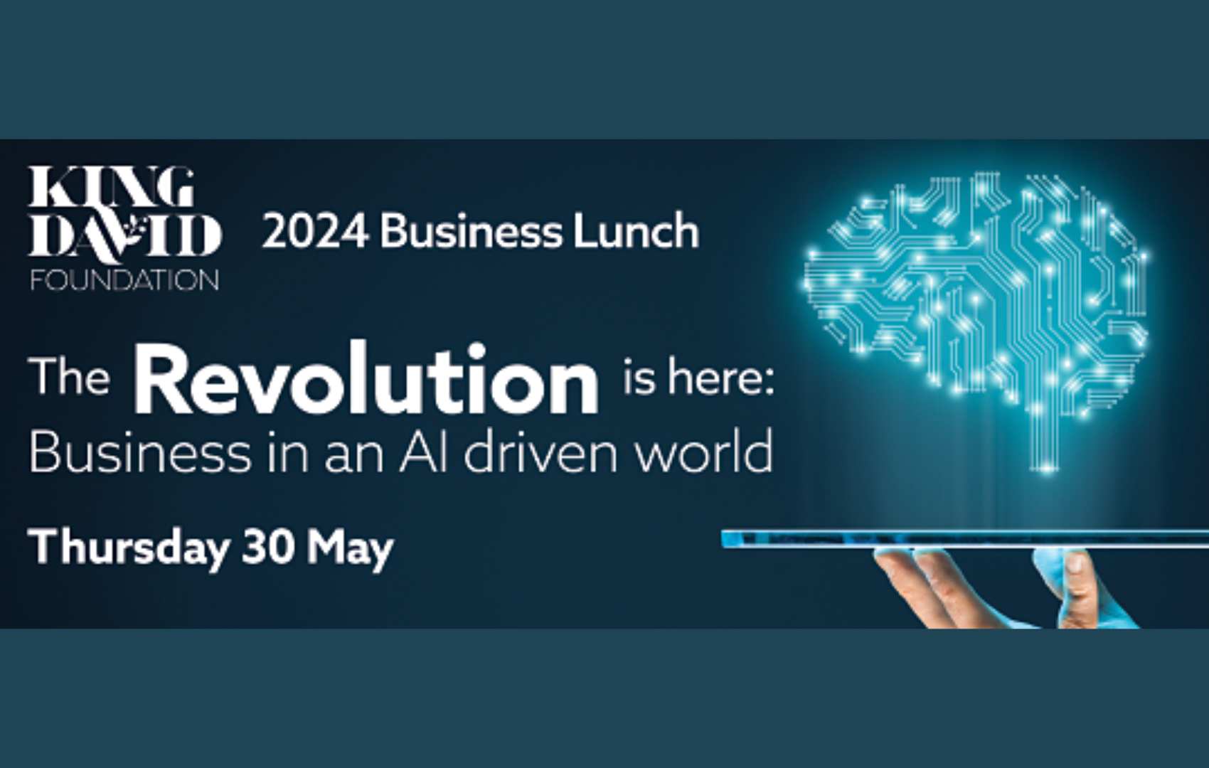The image is of a brain containing neural paths coming out of a laptop. The King David Foundation logo is on the top left alongisde the words 2024 Business Lunch.