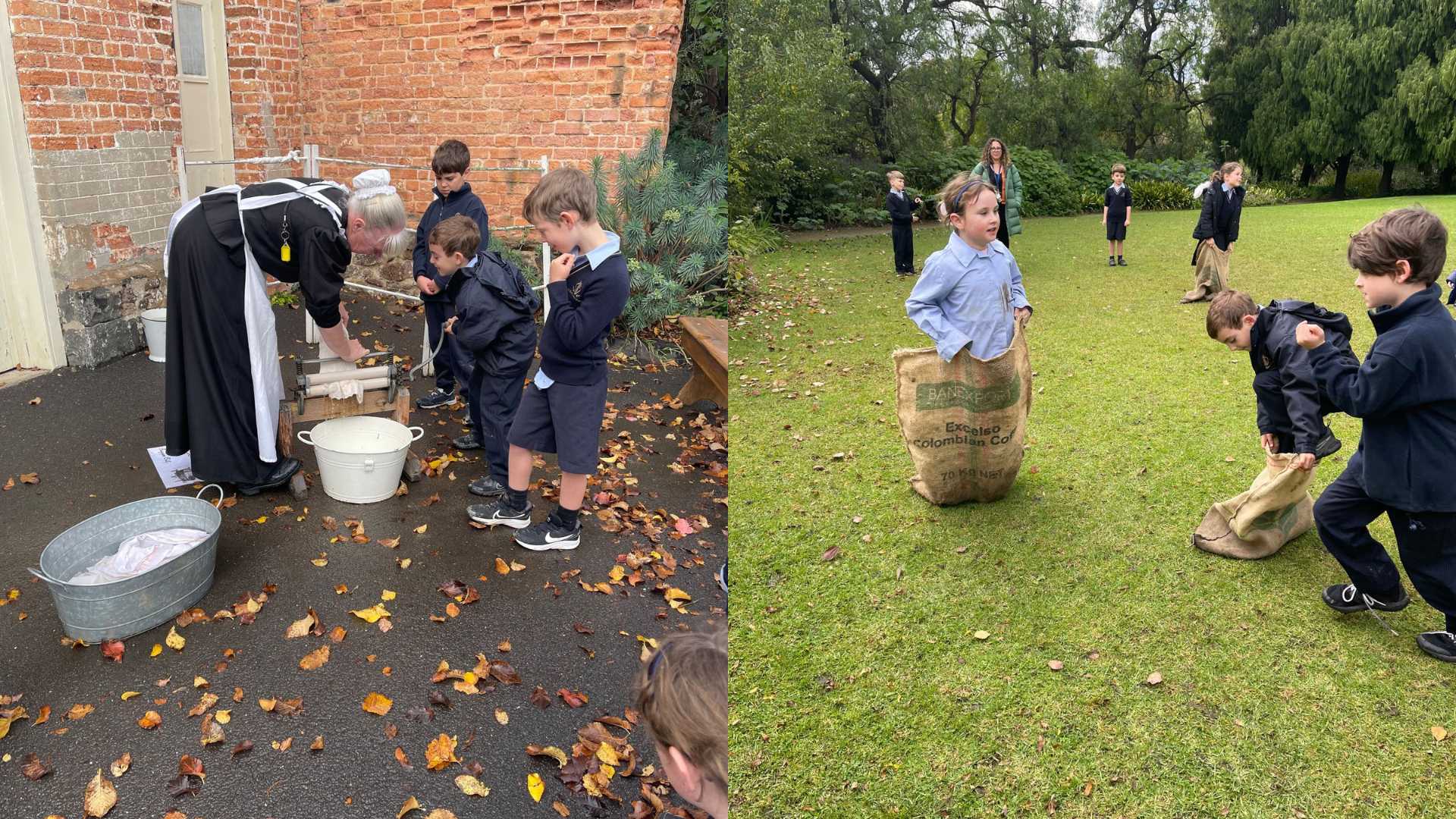 Year 1 students are visiting Como House. they are being shown how to wash without a washing machine. Other students are jumping in sacks as part of a sack race.