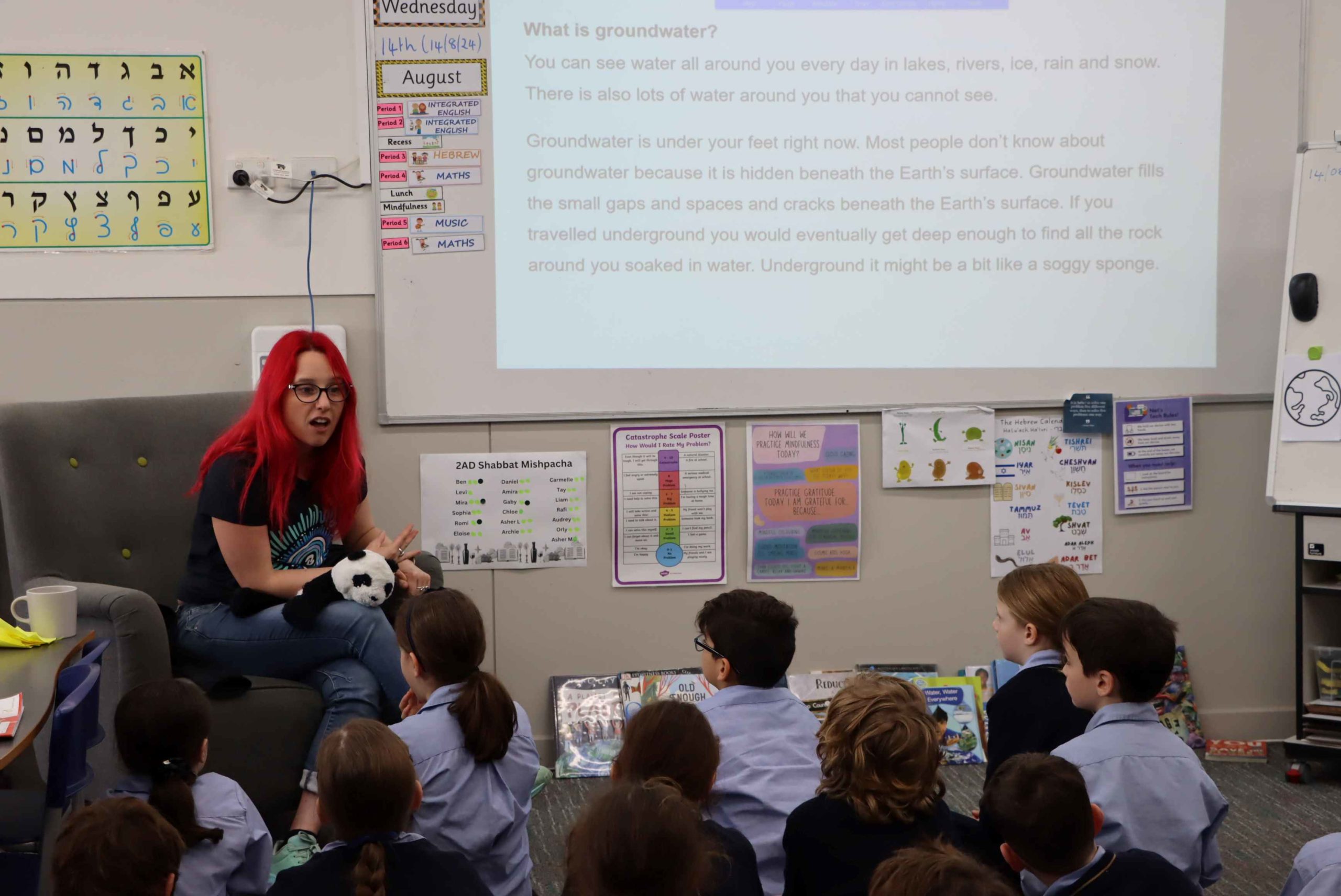 Dr Megan is sitting with Year 2 students teaching them about the importance of groundwater in Australia