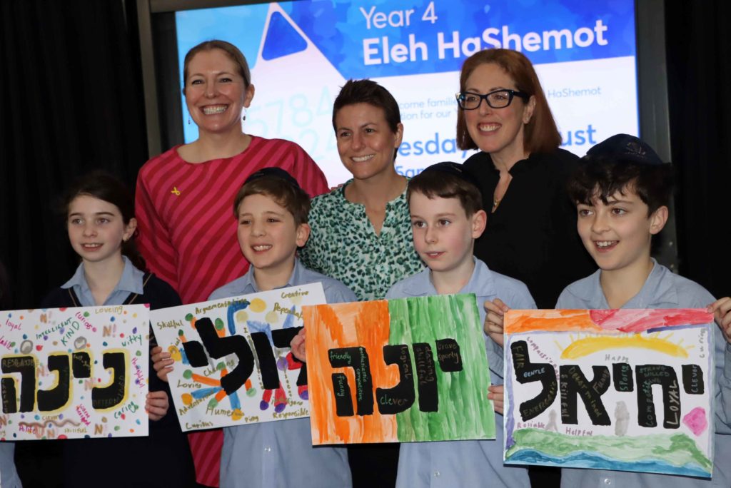 Year 4 students stand in front of Jewish educators holding posters of their Hebrew names. They have been learning about their Jewish names and identities.