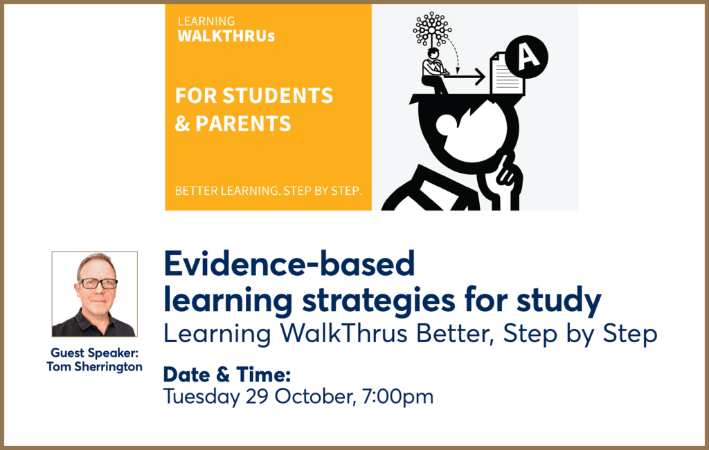 On a white background there is blue writing that advertises the Evidence-based learning strategies for study workshop by Tom Sherrington.