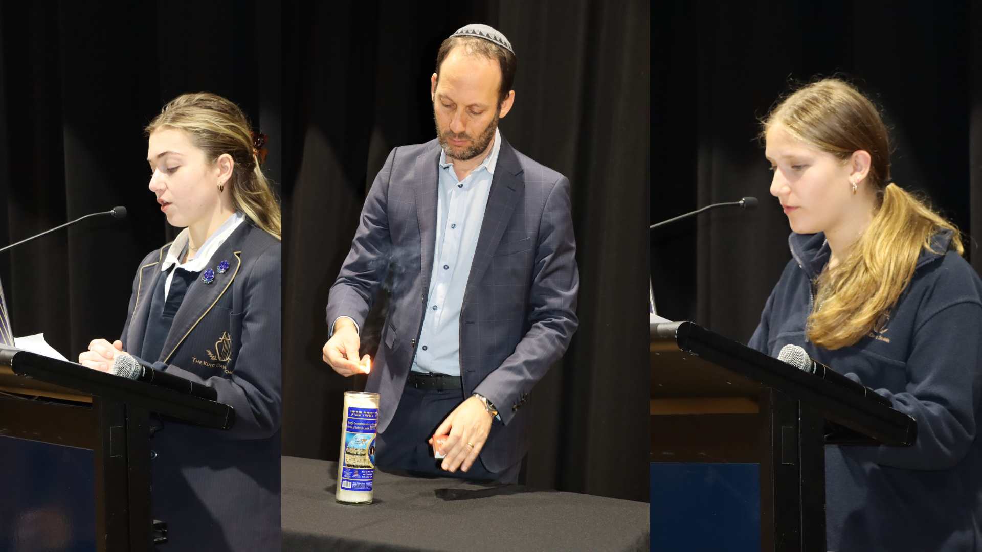 Principal Marc Light lights a Yahrzeit candle while two students say prayers to commemorate Oct 7.