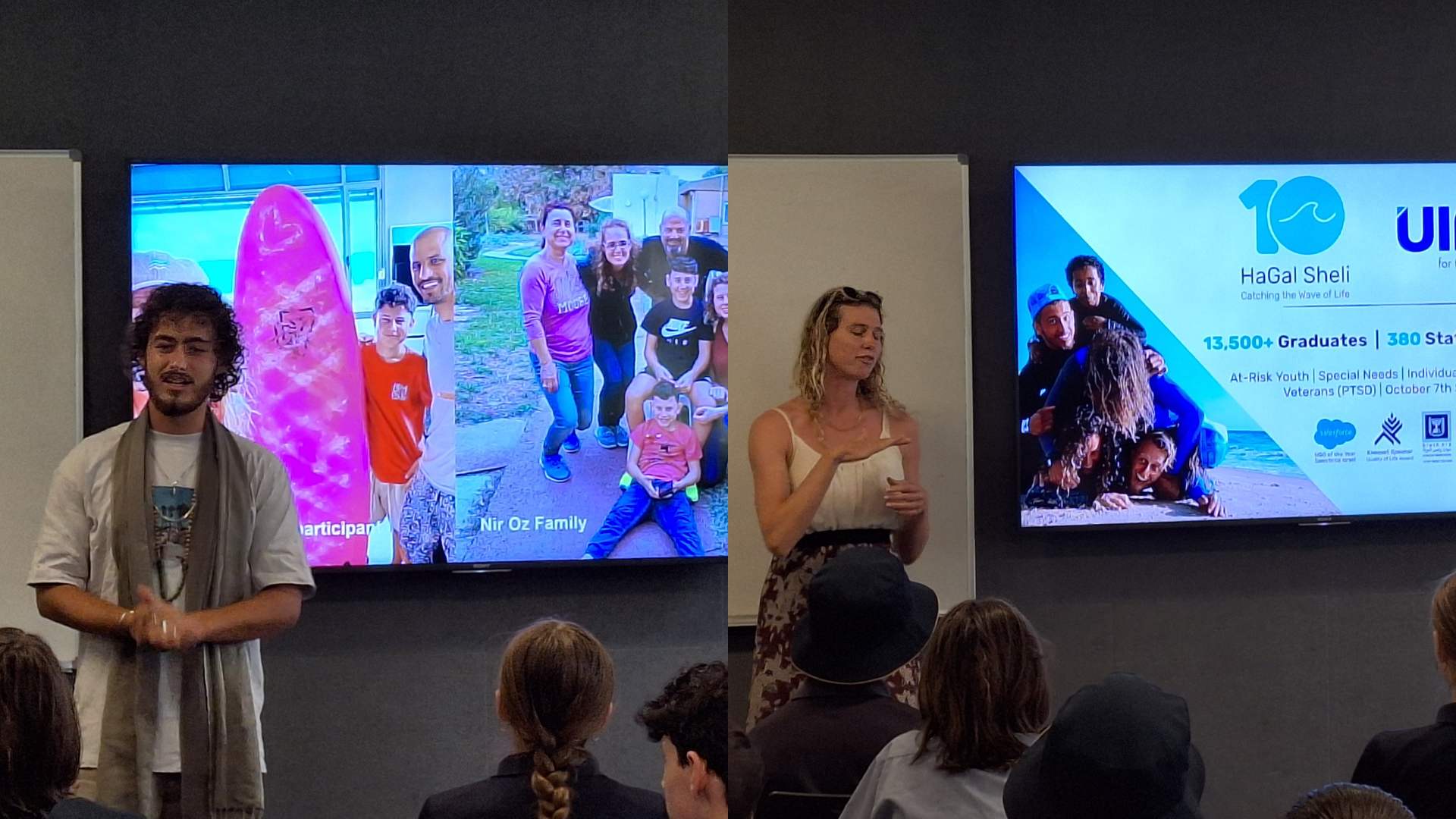 Two presenters from HaGal Sheli speak to Year 7 students. One stands in front of a photo of a family from Nir Oz kibbutz with a surfboard.