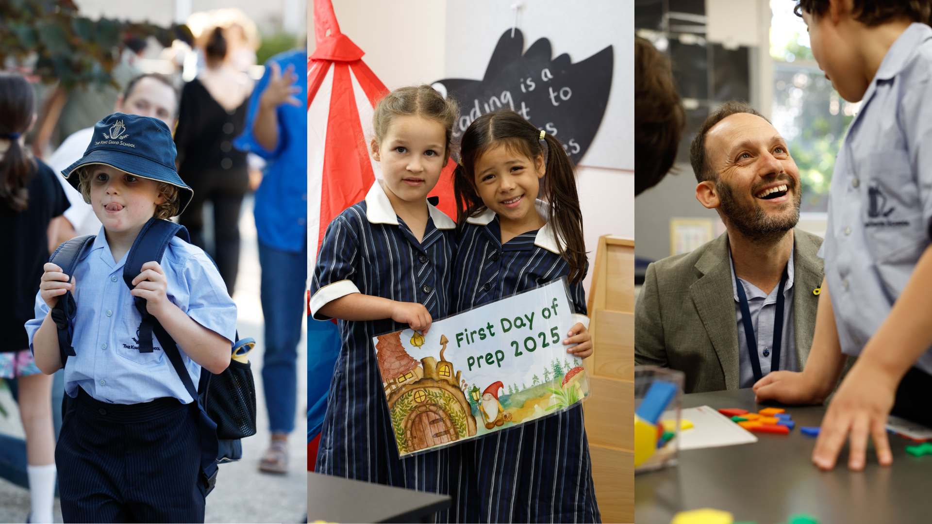 Four students attend their first day of Prep. They are dressed in uniforms and have oversized bags. Two students are holding a sign that says 'First Day of Prep 2025'. One student talks to the Principal, who has a big smile on his face.