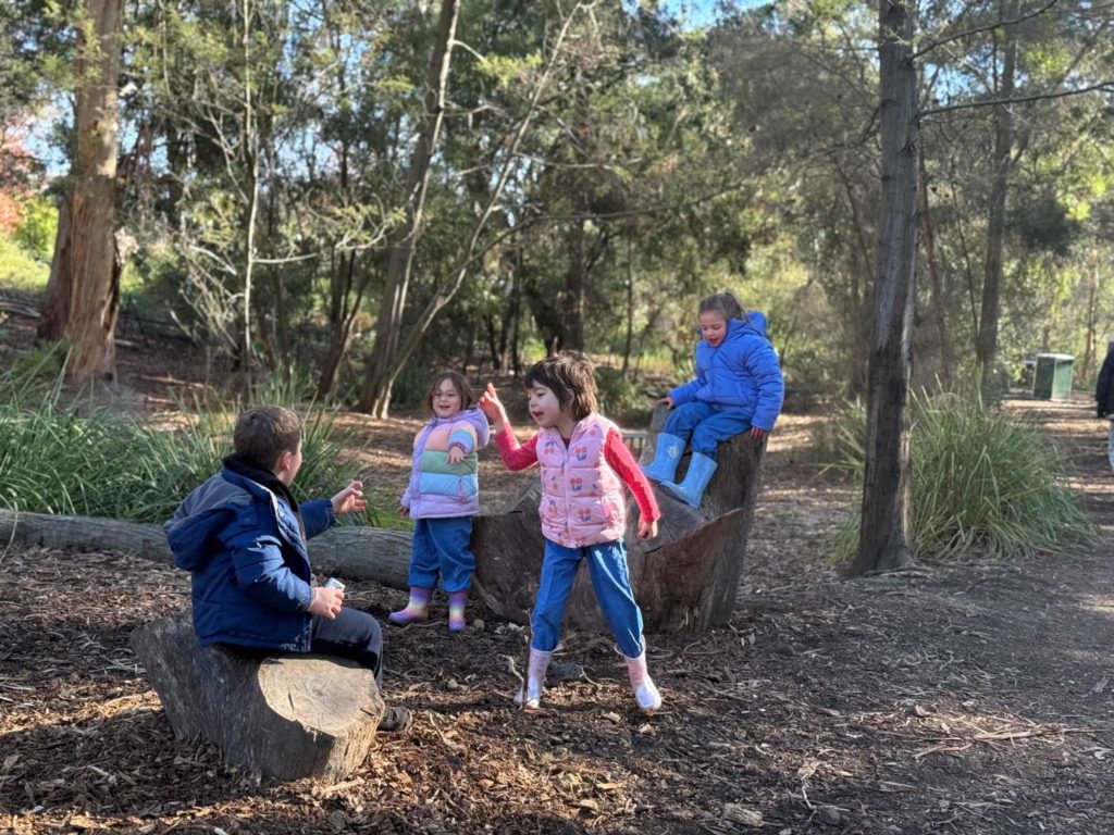 Gan Rimon are at Bush Kinder - they are sitting on logs, surrounded by fallen leaves. They are wearing Winter jackets.