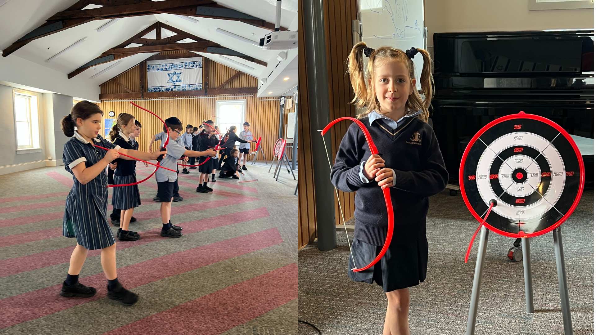 Junior School students in school uniform are practicing archery as part of their Lag BaOmer celebrations. They are using red bows to aim at balck, red and white round targets.