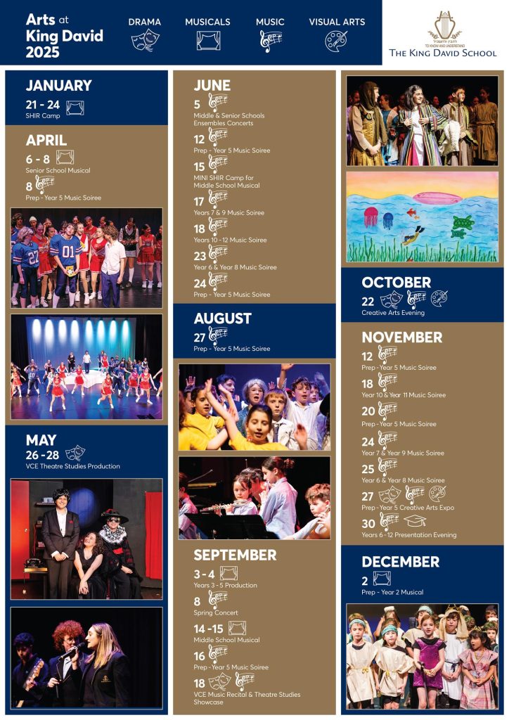 This is a calendar of the performing arts activities at King David in 2025. There are colourful images of students from Prep to Year 12 performing at the School.
