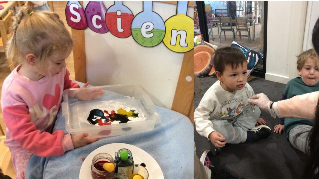 Junior Kinder students conduct experiments as part of Science Week 2025. One is playing with colours. Another student smells a test tube to ascertain what it contains. They are learning to use their senses to make decisions.