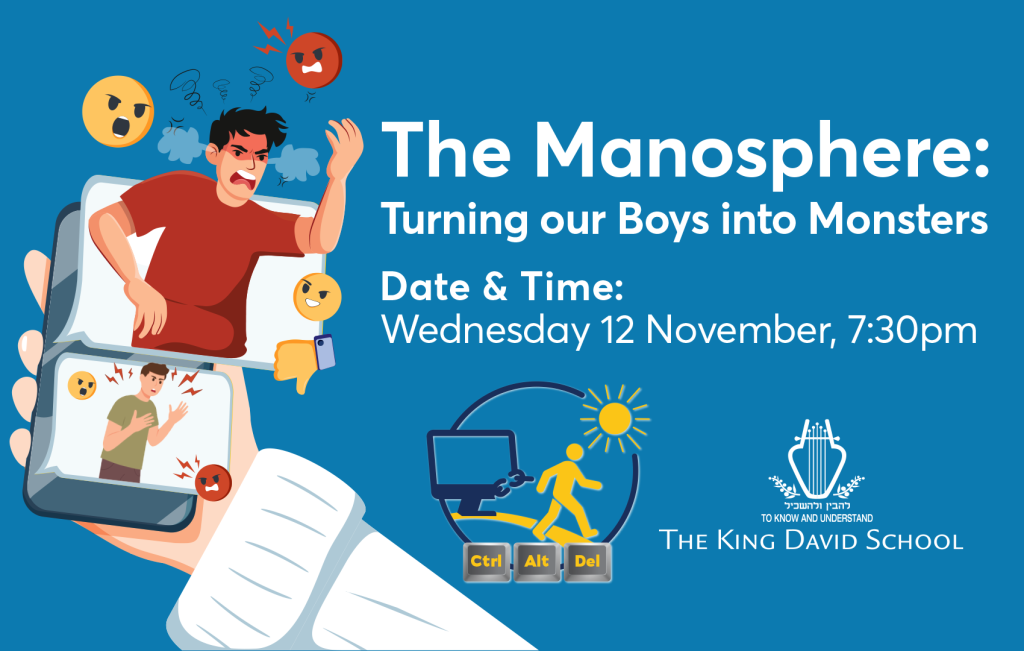 This is advertising a Parents' Education event about toxic masculinity online. There is a cartoon of an angry man at a laptop.