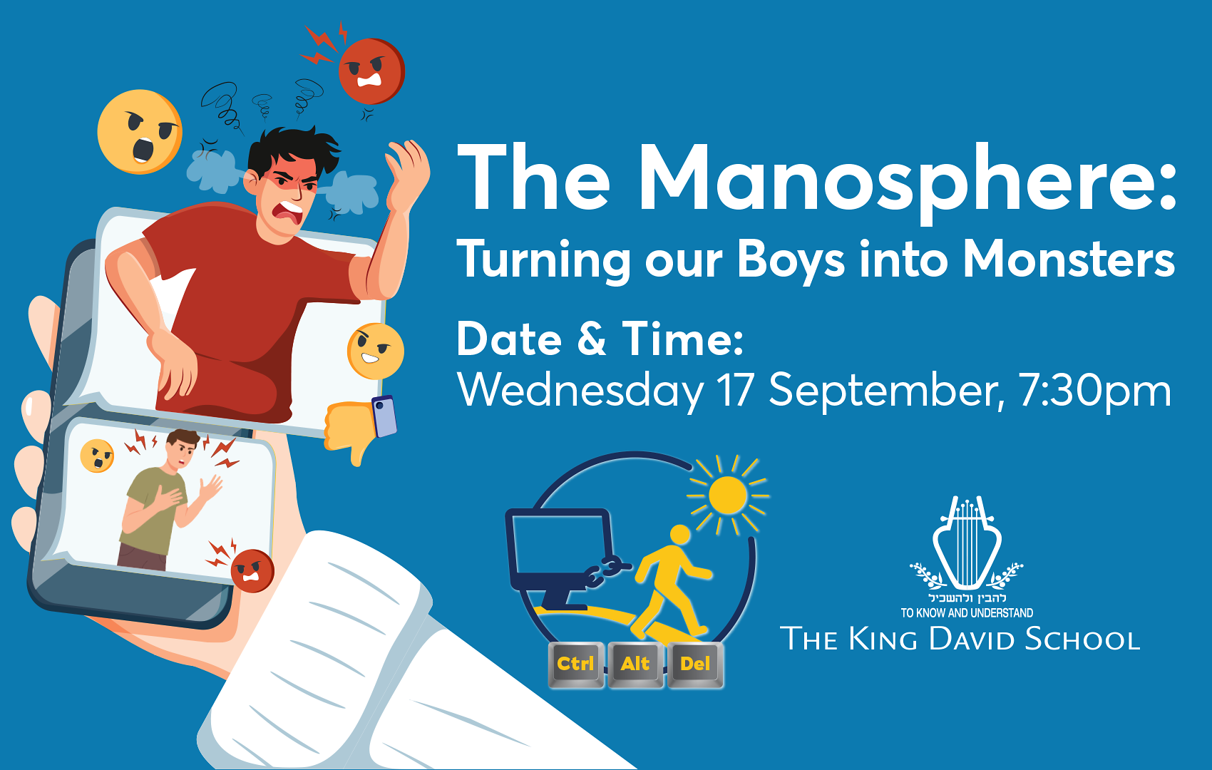 This is advertising a Parents' Education event about toxic masculinity online. There is a cartoon of an angry man at a laptop.