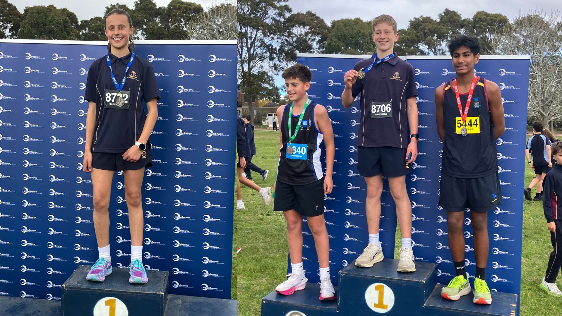 Year 7 student Ava stands on the number 1 podium after winning her 3km Cross Country race. Year 8 student Itai also stands on the number 1 podium after winning his 3km race. They are happy winners.