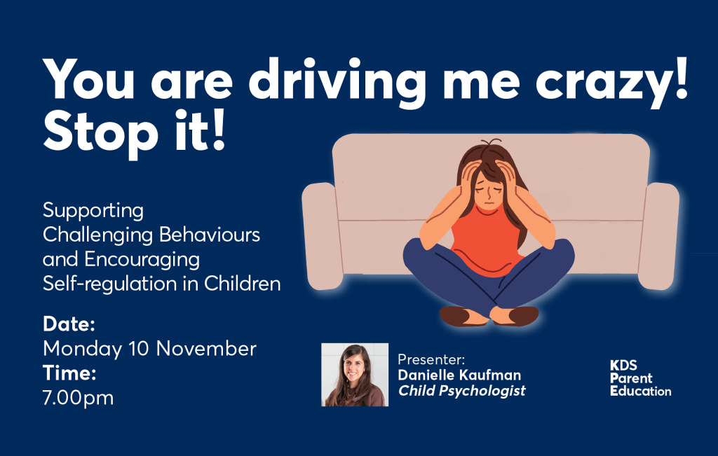 This image shows a cartoon of a parent who has their hands over their head in frustration. It is advertising our Parent Education evening, on supporting challenging behaviours and encouraging self-regulation in children.