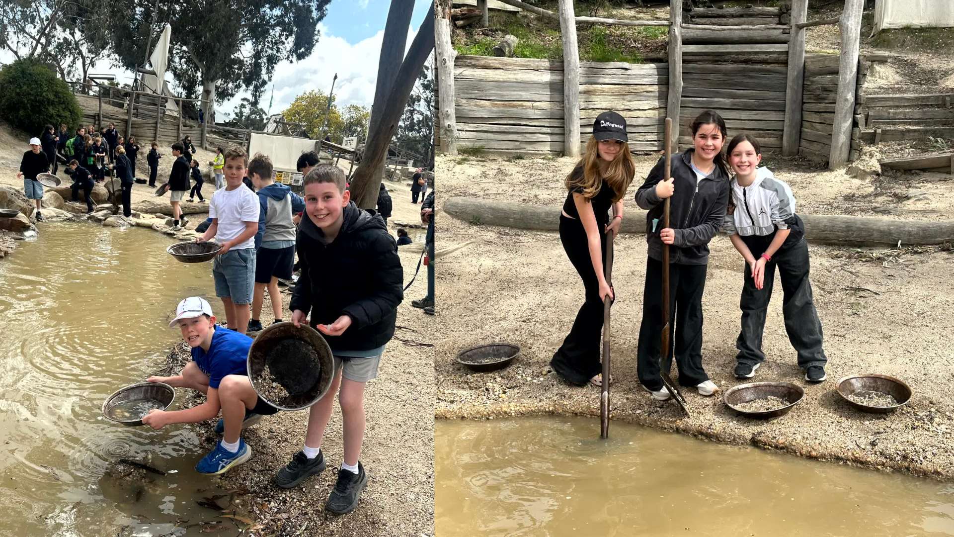 Year 5 students are bending down over brown water, with old-fashioned gold pans. They are panning for gold in the same way that people did during the gold rush.