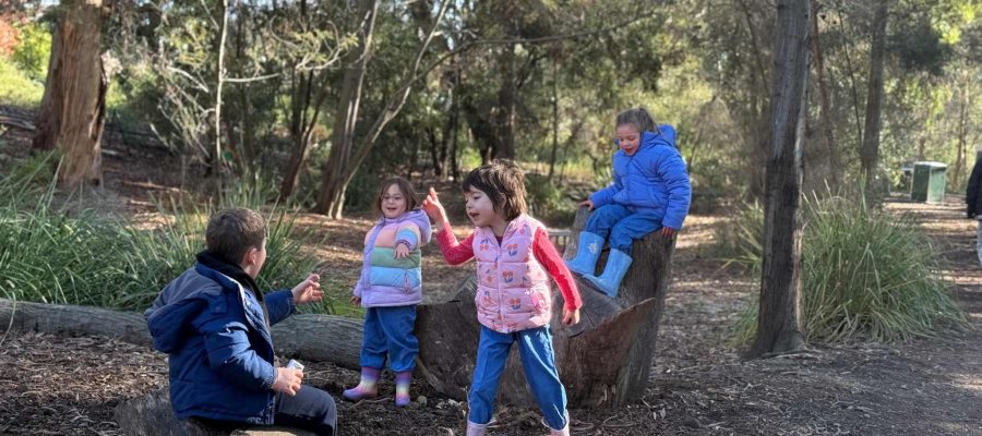 Gan Rimon are at Bush Kinder - they are sitting on logs, surrounded by fallen leaves. They are wearing Winter jackets.