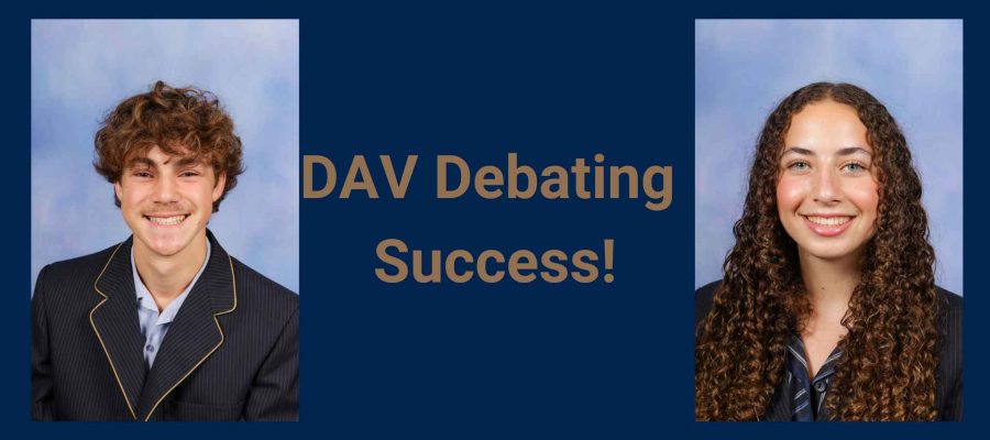 Two students look at the camera smiling. The text reads DAV Debating success in gold on navy blue background.