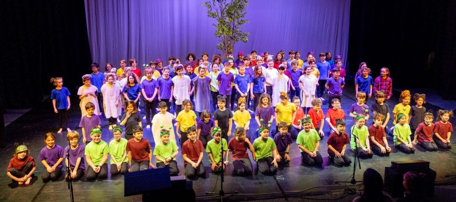 The Years 3 to 5 students are all in costume on stage with purple light and a real tree as the background. They have just performed their production